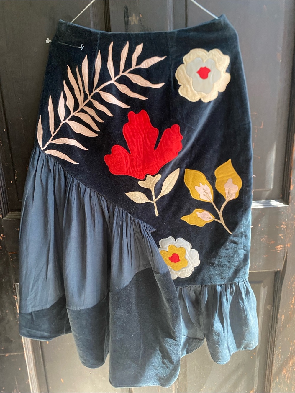 Navy Velvet Asymmetrical Floral Appliqué Skirt